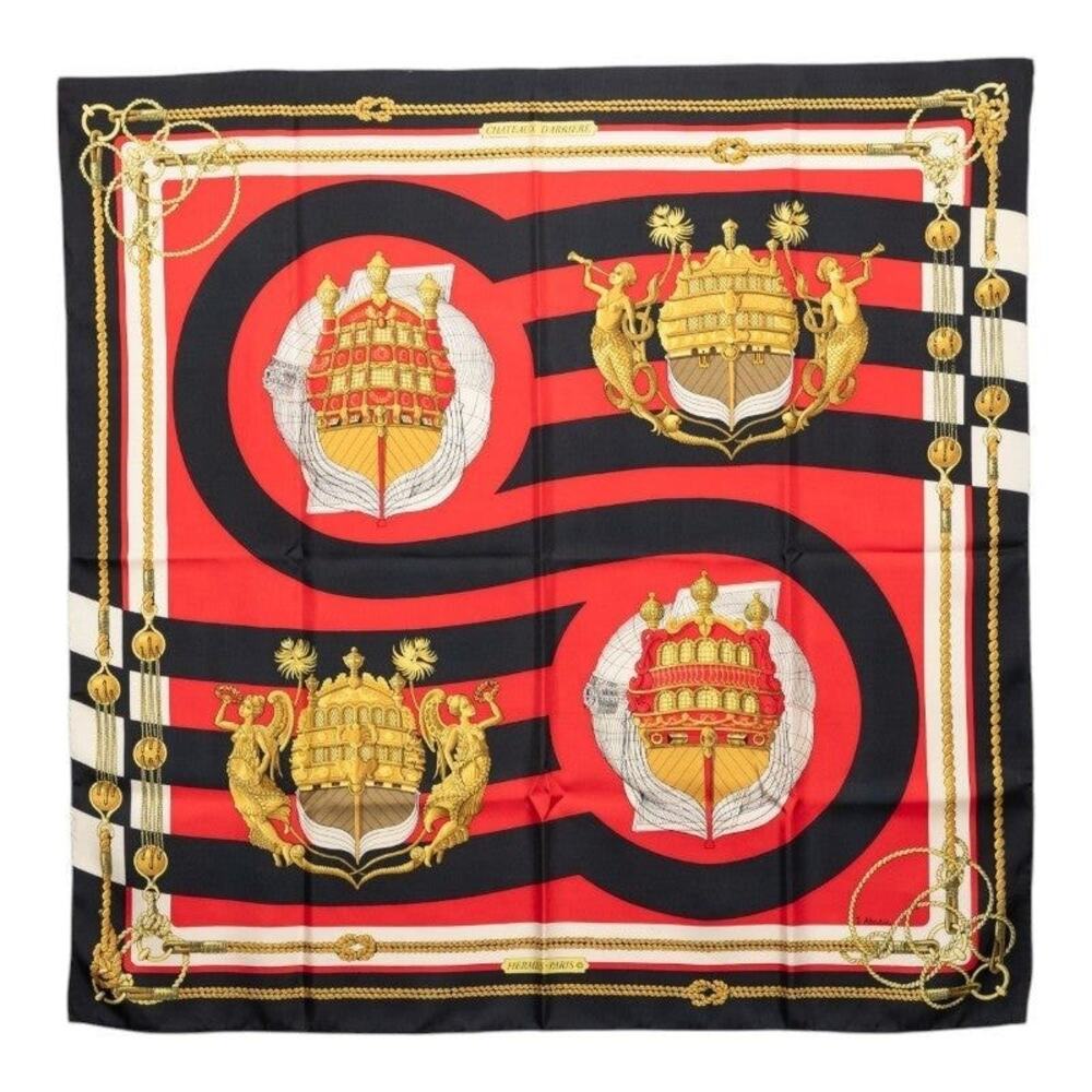 Hermes Carre 90 Chateaux D'Arriere Stern Decoration Scarf Red